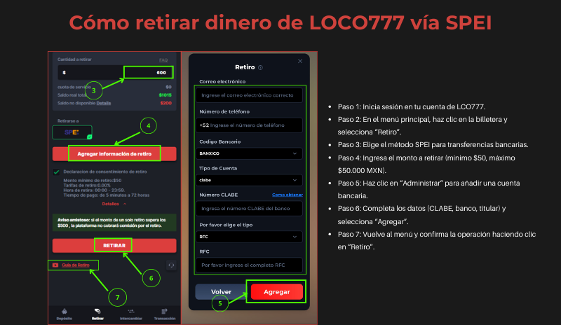 Cómo retirar dinero de LOCO777 vía SPEI